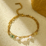 18K Gold Plated Stainless Steel Sunflower Beaded Bracelet – Pearl Heart Charm, Dainty Layered Bracelet for Women