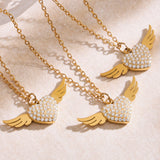 18K Gold Plated Stainless Steel Double-Layer Necklace – Paved Heart & Wing Zircon Pendant