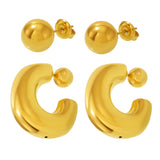 C-Shaped Hollow Steel Bead Earrings – High-Polish Double-Wear Studs, 18K Gold PVD Stainless Steel