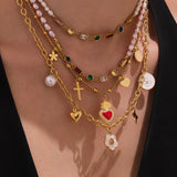 Stainless Steel Heart & Flower Cross Necklace – DIY Colorful Zircon Pendant