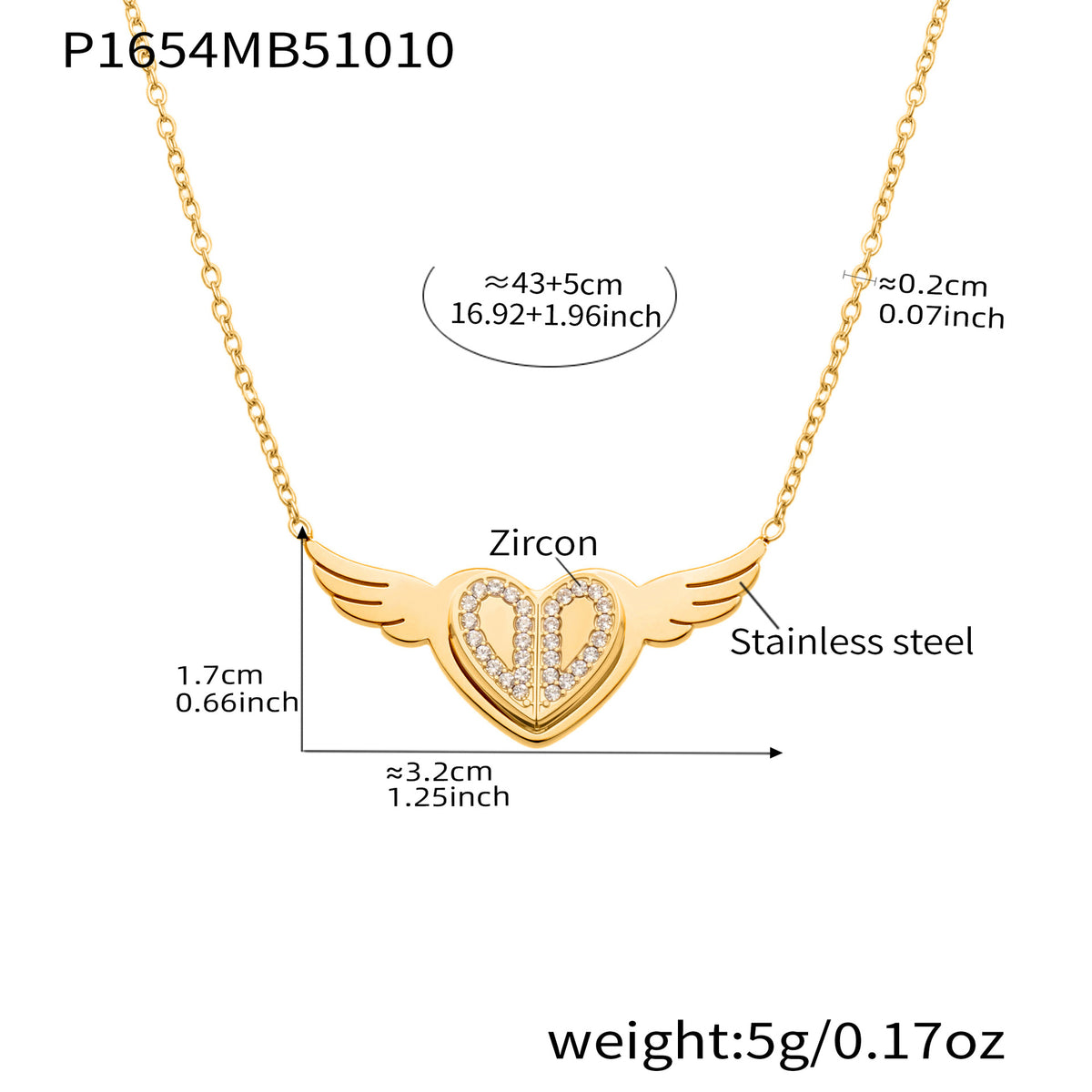 Layered Angel Wing Heart Necklace – 18K Gold-Plated, CZ Pendant with Blade Chain