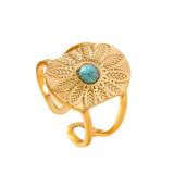Vintage Boho Stainless Steel Ring – Turquoise Flower Statement Open Ring, Bold 12-Petal Design Adjustable Finger Ring for Women