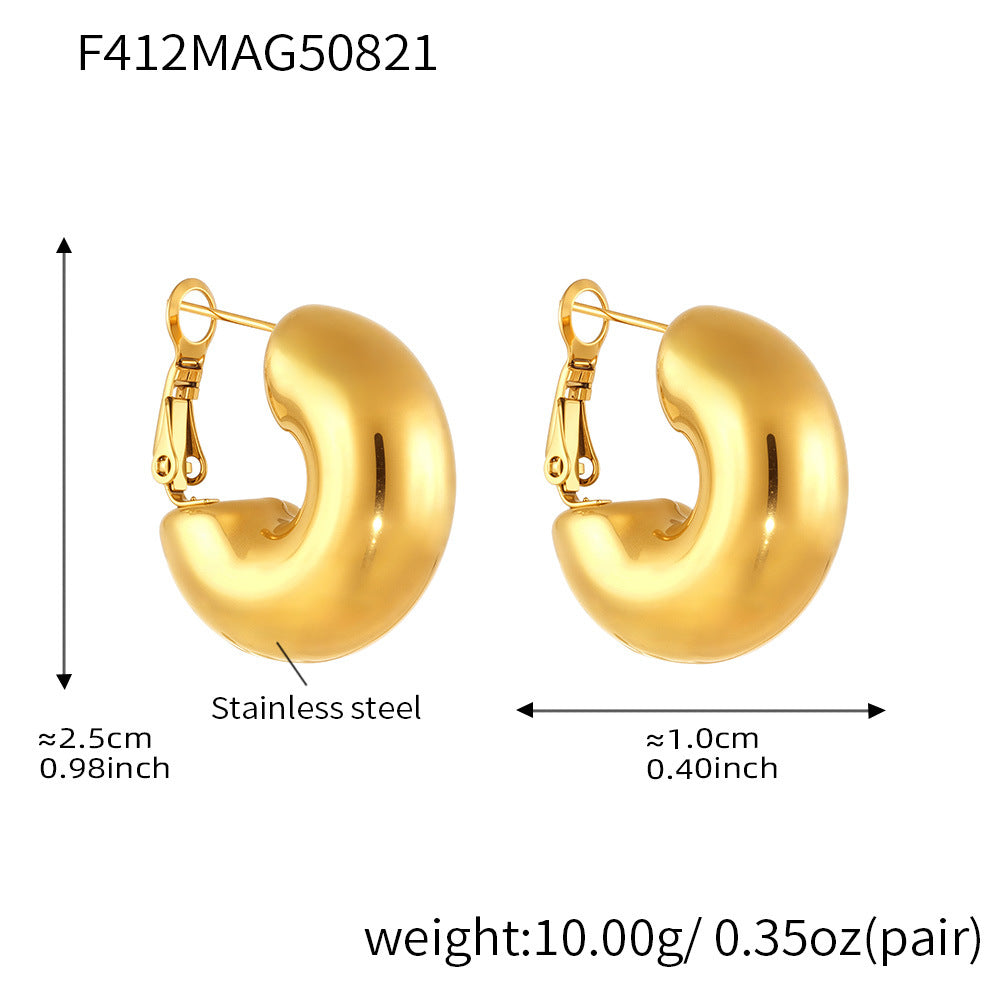 Polished Stainless Steel Chunky Hollow C-Hoop Earrings – 18K Gold Plated Minimalist INS Style Jewelry