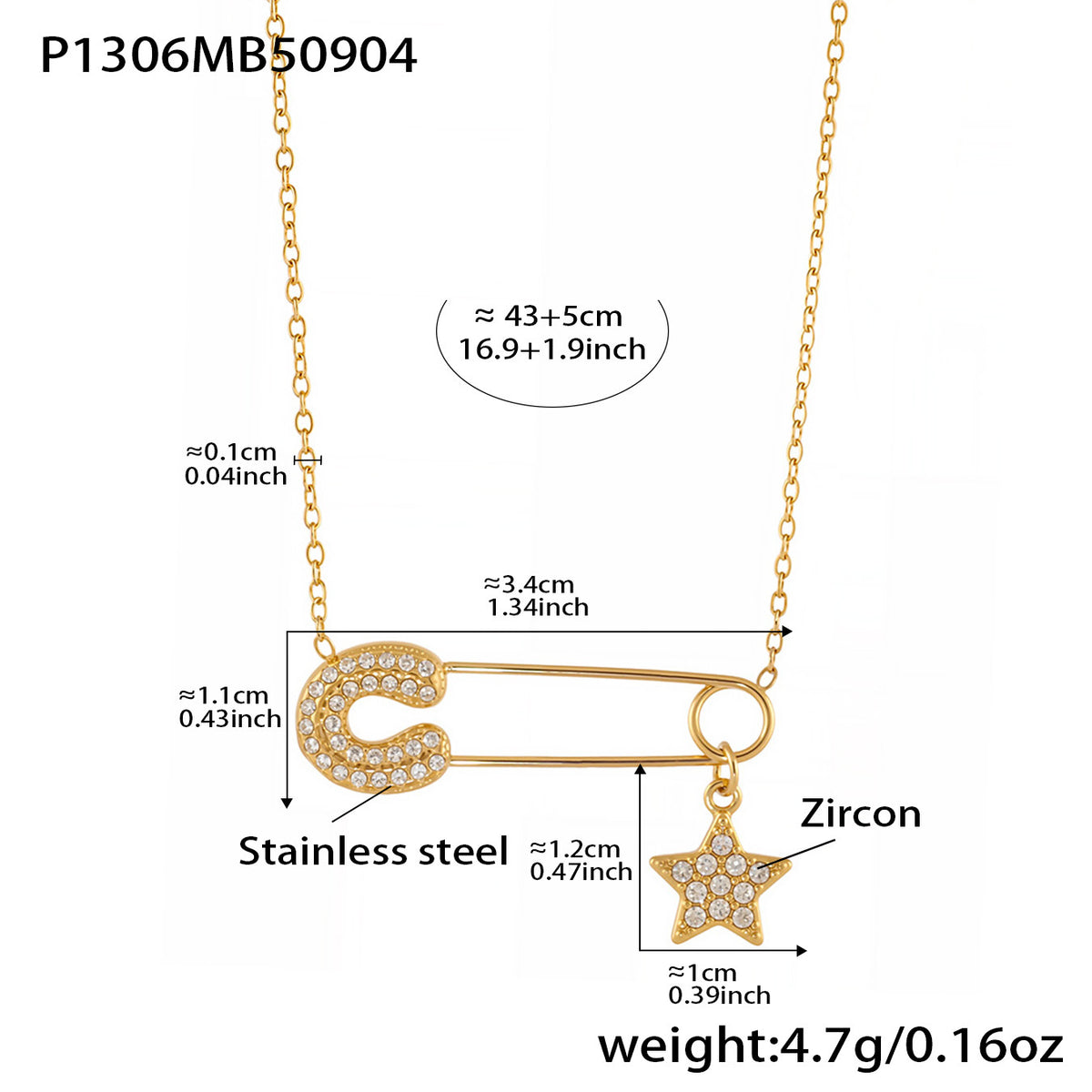 CZ Safety Pin Pendant Necklace – 18K Gold-Plated Stainless Steel, Bold & Stylish