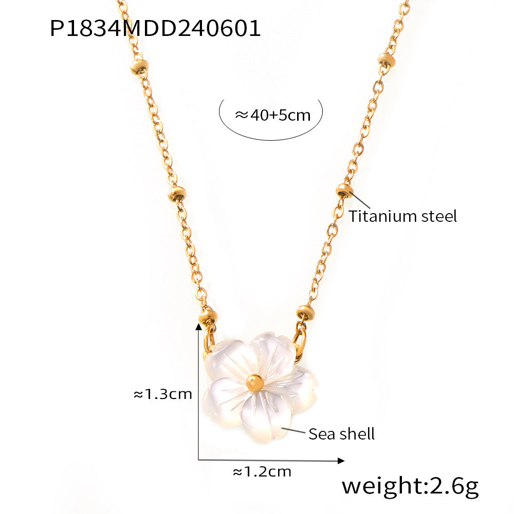Chic Shell Flower Pendant Necklace – Titanium Steel Beaded Chain, Elegant Minimalist Jewelry for Women
