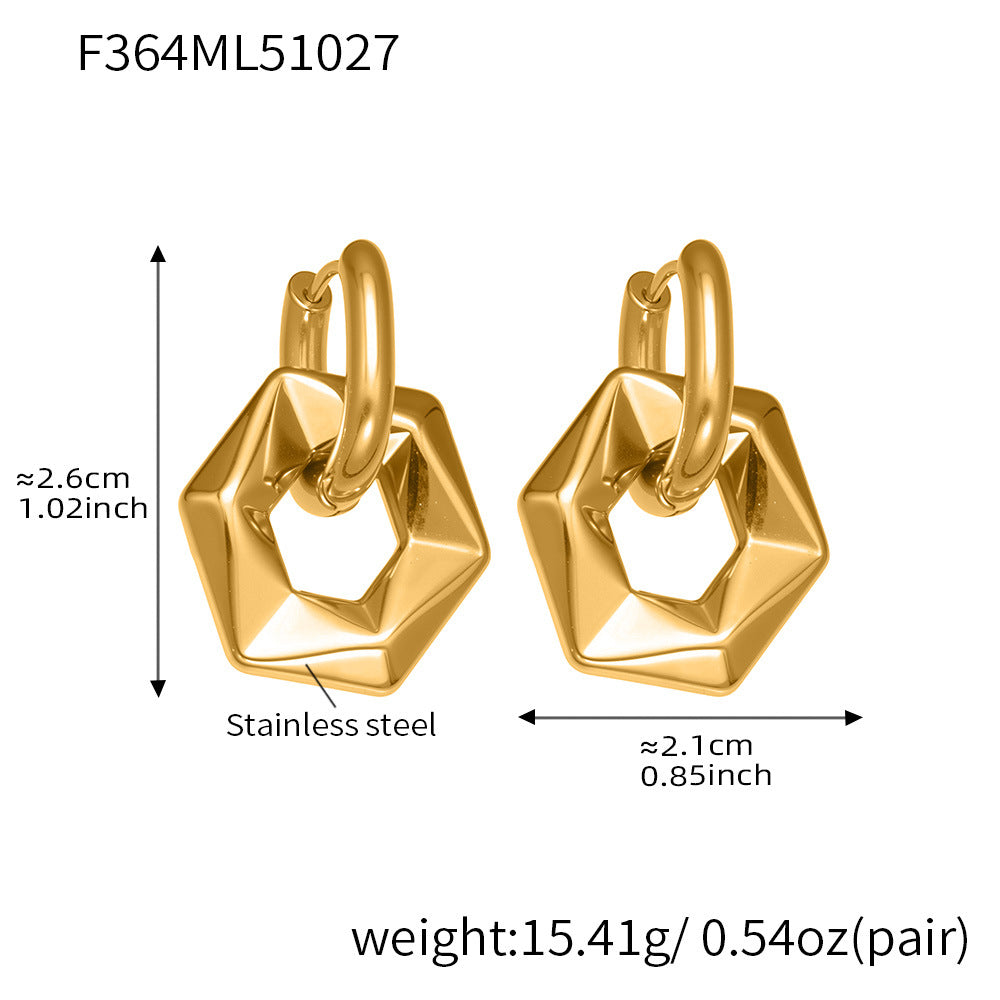 Hollow Hexagon Drop Hoop Earrings – 18K Gold-Plated Stainless Steel, Minimal & Modern