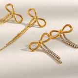 Delicate Bow Zircon Tassel Earrings – 18K Gold Plated Stainless Steel, Minimalist Chic Everyday Studs for Women