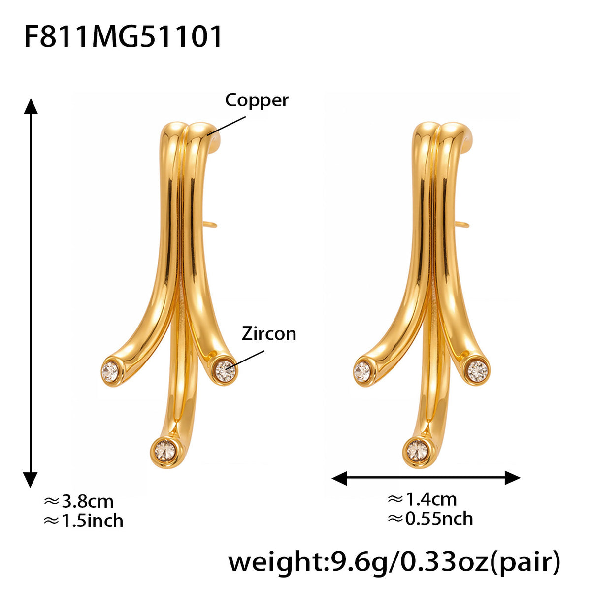 18K Gold-Plated Branch CZ Stud Earrings – Minimalist Geometric Design