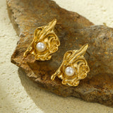 Geometric Pearl Flower Earrings – 18K Gold Plated Stainless Steel, Minimalist Luxury Studs for Women