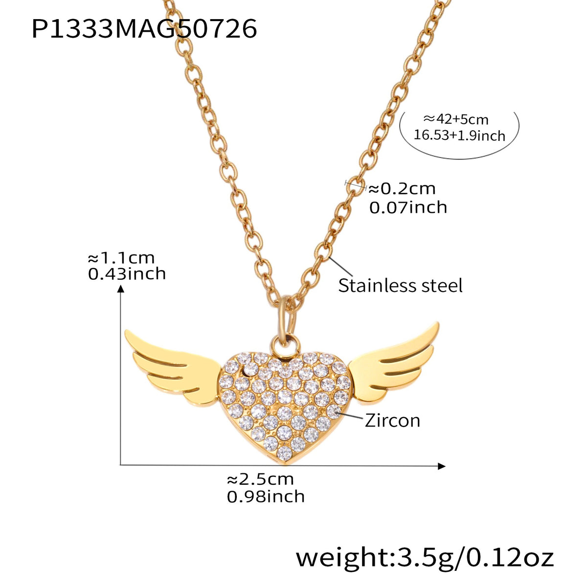 18K Gold Plated Stainless Steel Double-Layer Necklace – Paved Heart & Wing Zircon Pendant