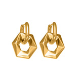Hollow Hexagon Drop Hoop Earrings – 18K Gold-Plated Stainless Steel, Minimal & Modern