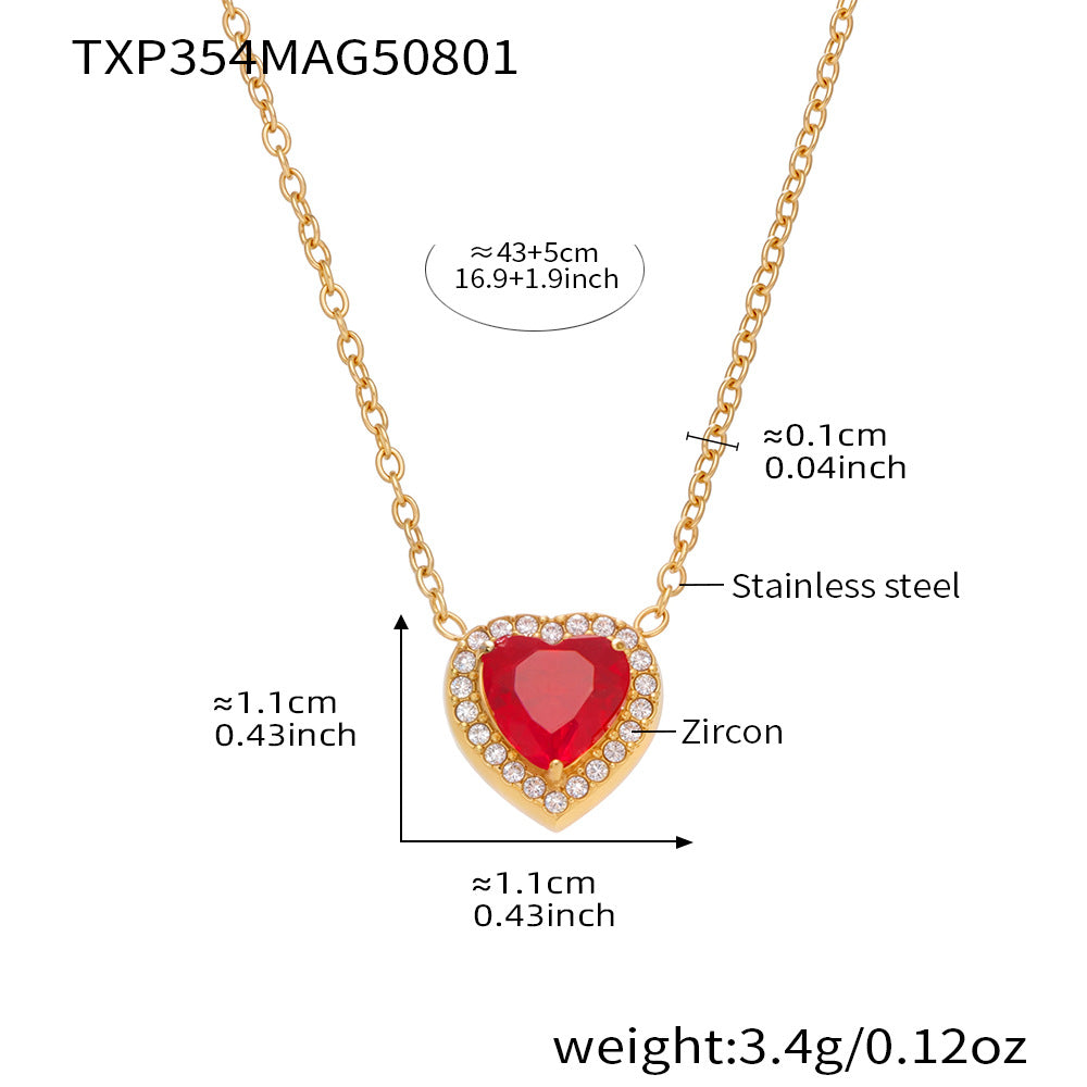 Red Zircon Heart Necklace Earrings Ring – Sparkling Full Crystal Stainless Steel 18K Gold Jewelry