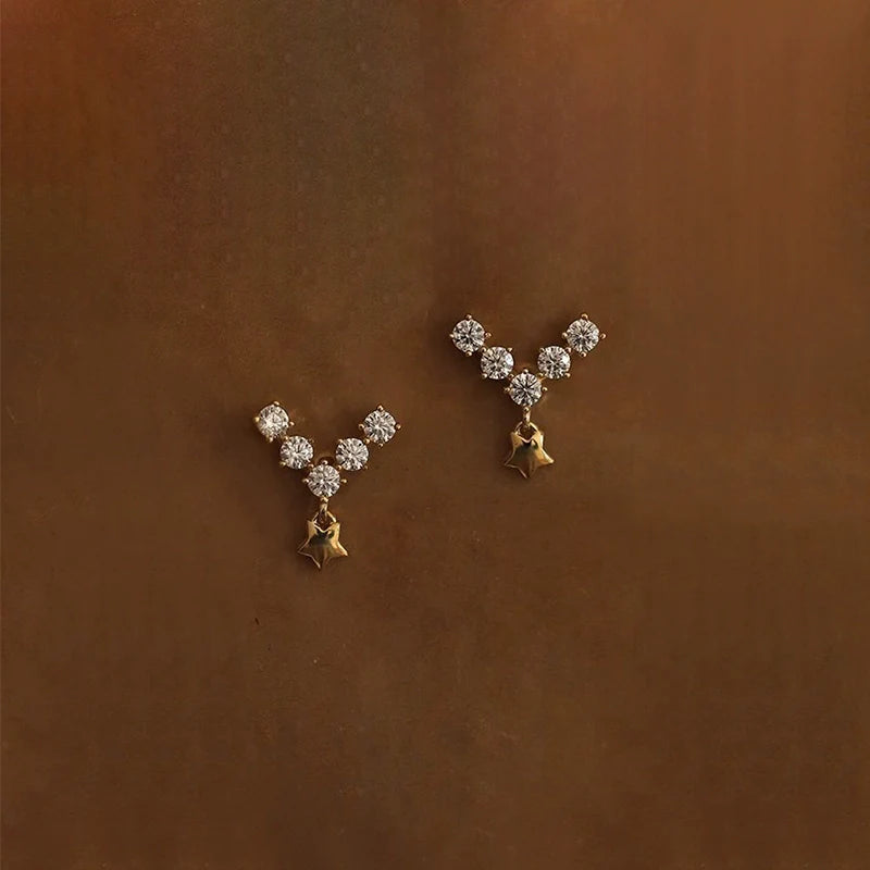 S925 Sterling Silver Mini V-Shaped Cubic Zirconia Star Drop Stud Earrings
