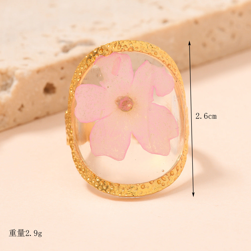 Sweet Dried Flower Resin Ring – Adjustable Stainless Steel Band, Cute Eternal Blossom Jewelry for Women