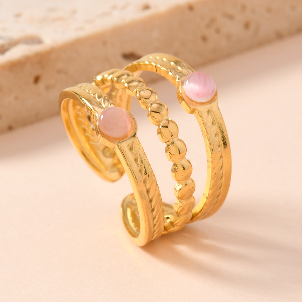 Vintage Royal Stainless Steel Ring – Baroque Three-Line Gemstone Adjustable Titanium Steel Ring for Women