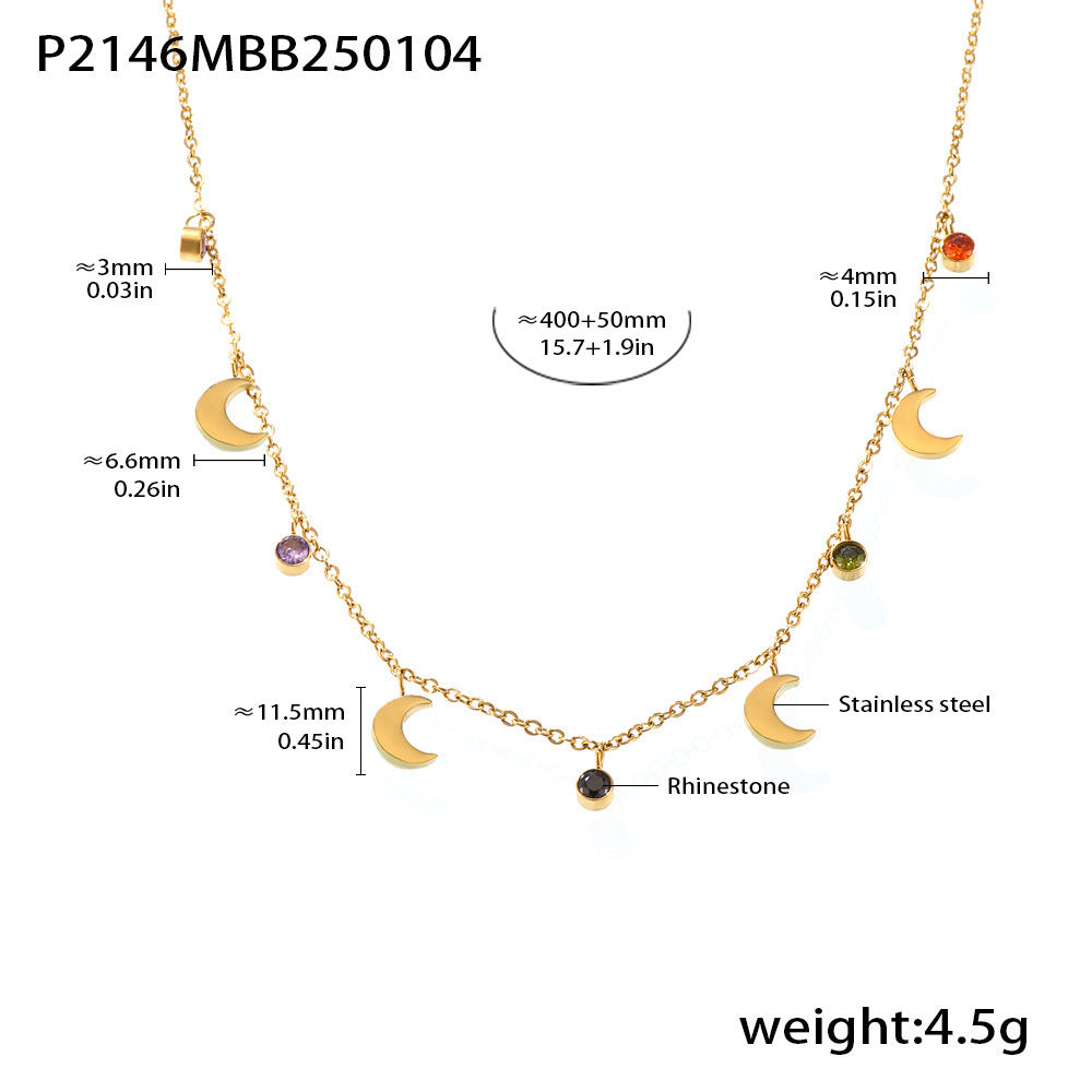 Multi-Color Crystal Tassel Moon Pendant Necklace, 18K Gold Plated Stainless Steel, Trendy Dainty Layering Jewelry