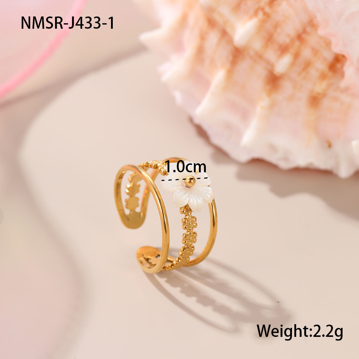 Open Flower & Pearl Ring – 18K Gold-Plated Stainless Steel, Delicate Design