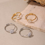 Sparkling CZ Teardrop Flower Stainless Steel Open Ring – Delicate Adjustable Finger Ring