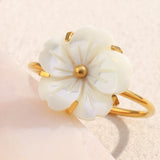 French Elegant White Shell Flower Open Ring – 18K Gold Plated Stainless Steel, Minimalist Chic Jewelry for Women