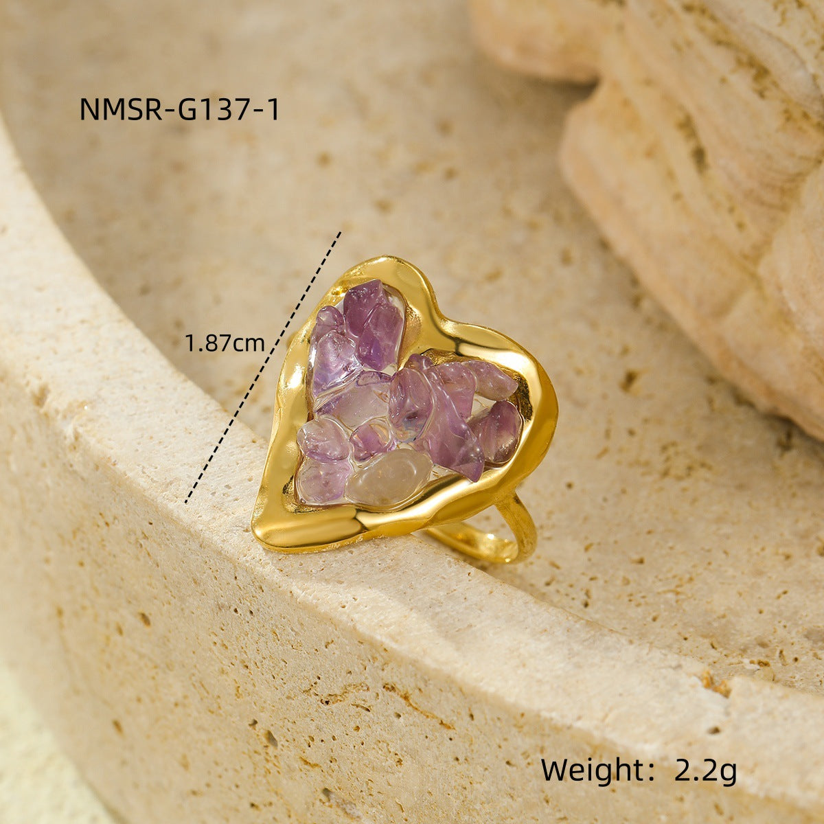 Delicate 18K Gold Plated Stainless Steel Heart Ring with Natural Stone – Minimalist Elegant Jewelry for Women