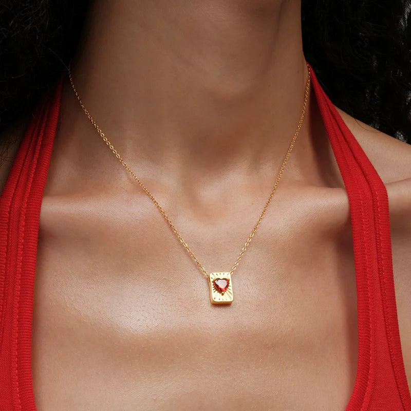 Square Box Heart Ruby Cubic Zirconia Necklace