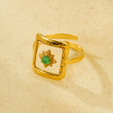 Vintage Geometric Heart Petal Natural Stone Adjustable Open Stainless Steel Ring