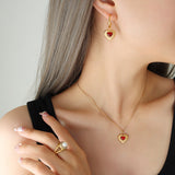Elegant Red Agate Heart Jewelry Set – 18K Gold Plated Stainless Steel Necklace & Earrings, Timeless Luxury Design for Women