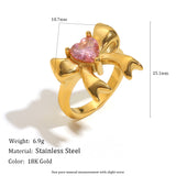 Pink Zircon Bow Ring – 18K Gold Plated Stainless Steel, Minimalist Luxury Statement Ring for Women