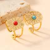 Vintage Boho Stainless Steel Ring – Turquoise Flower Statement Open Ring, Bold 12-Petal Design Adjustable Finger Ring for Women