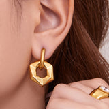 Hollow Hexagon Drop Hoop Earrings – 18K Gold-Plated Stainless Steel, Minimal & Modern