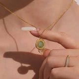 Turquoise Oval Pendant Layered Necklace – Enamel Checkerboard Bag Charm Stainless Steel Chain