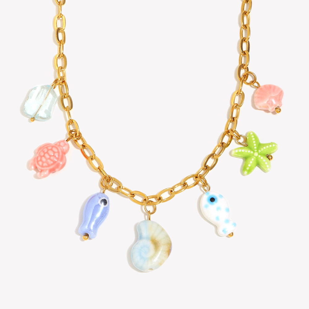 Colorful Ceramic Fish Necklace – 18K Gold Plated Stainless Steel, Handmade Ocean-Inspired Jewelry for Women