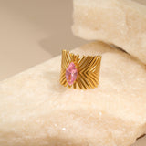 Geometric Stainless Steel Ring with Pink Cubic Zirconia – 18K Gold Plated, Non-Tarnish