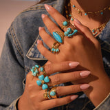 Turquoise Natural Stone Jewelry – Bohemian Necklace, Ring & Earrings, 18K Gold Plated Titanium Steel, Chic Minimalist Style