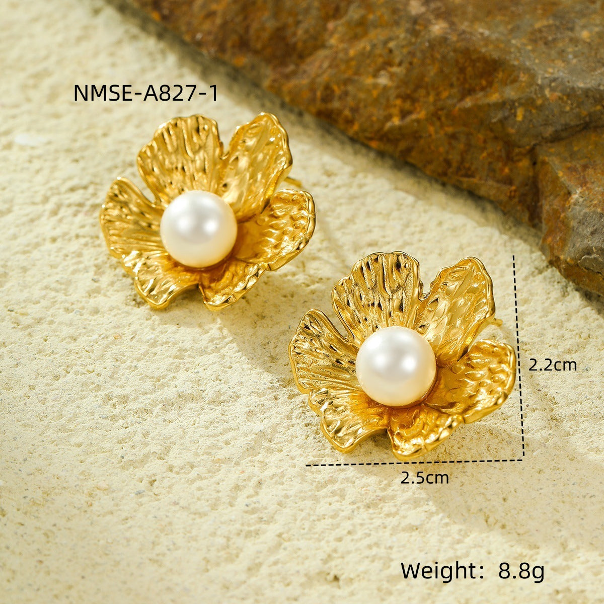 Geometric Pearl Flower Earrings – 18K Gold Plated Stainless Steel, Minimalist Luxury Studs for Women