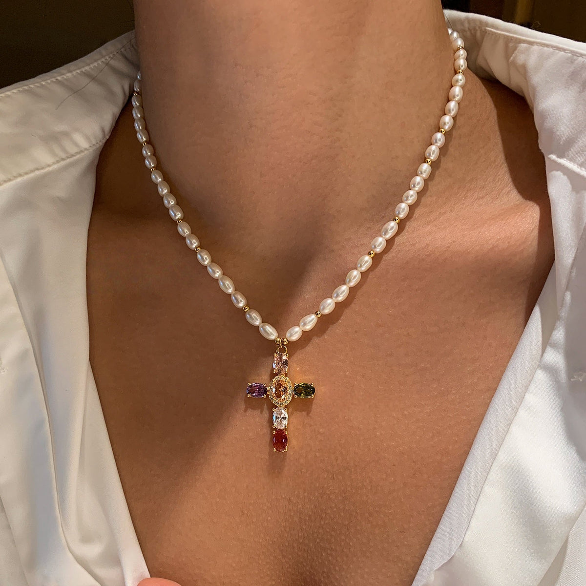 Natural Pearl Colorful Cross Pendant Necklace 22K Gold Plated